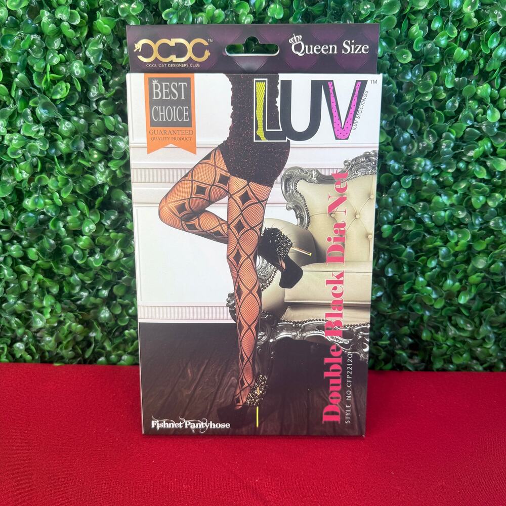 Luv Queen Size Double Black Diamond Fishnet Stockings Plus Size NWT Pantyhose